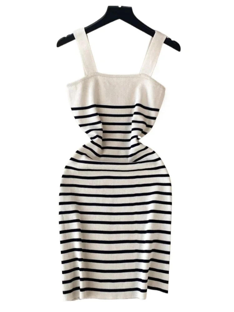Slim-Fit Striped Square Neck Short Sundress