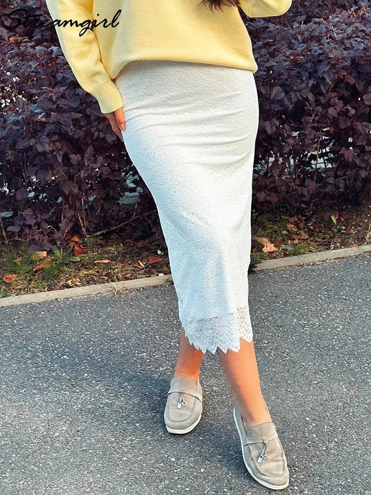 Fitted White Lace Maxi Skirt