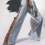 High Waist Wide-Leg Jeans with Sparkly Cutout Details — Image 6