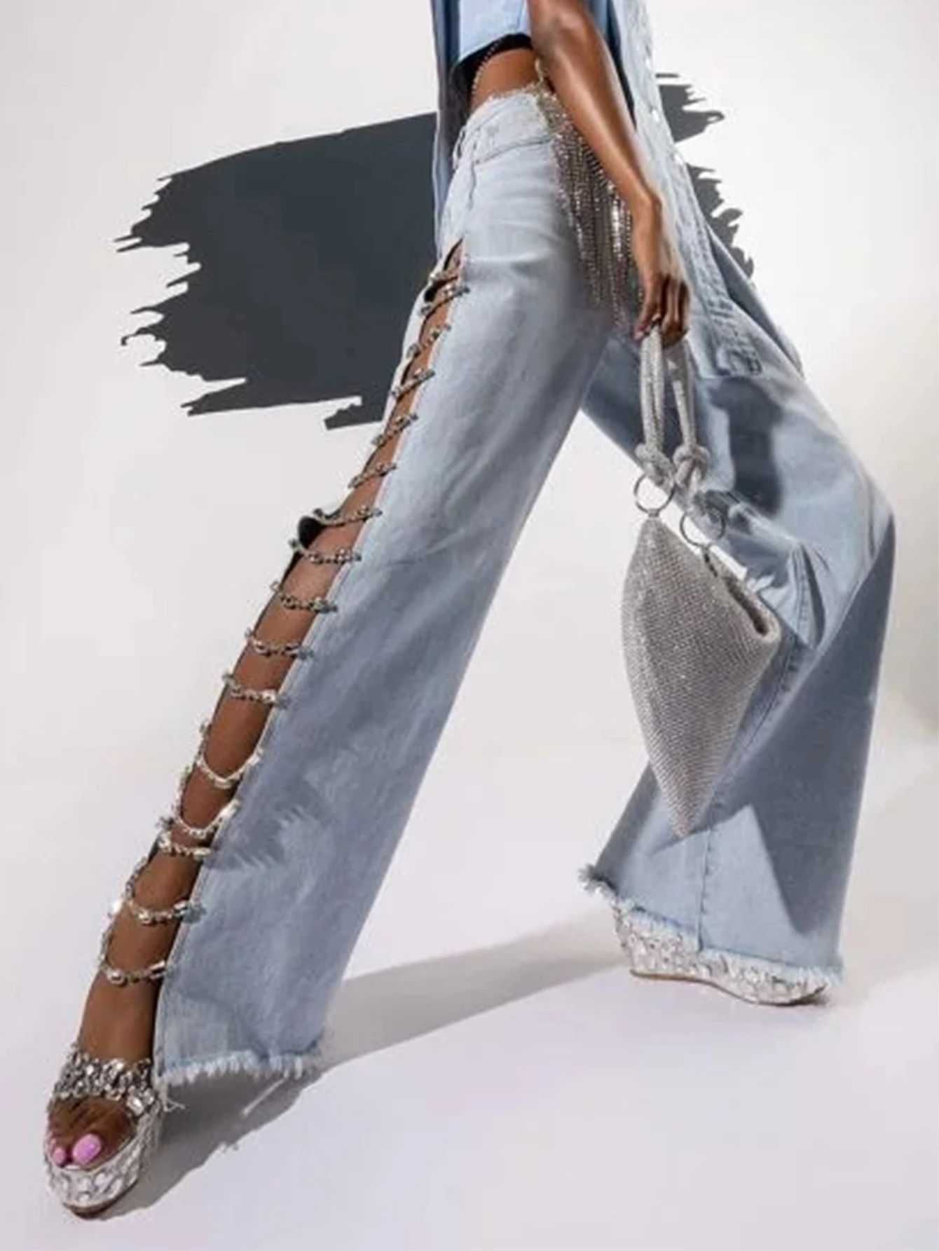 High Waist Wide-Leg Jeans with Sparkly Cutout Details
