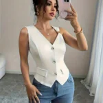 Women's White Vest with Sequin Details and Front Buttons — Image 4