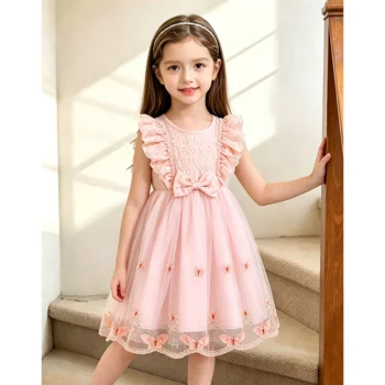 Girls' Dress with Round Collar and Bow