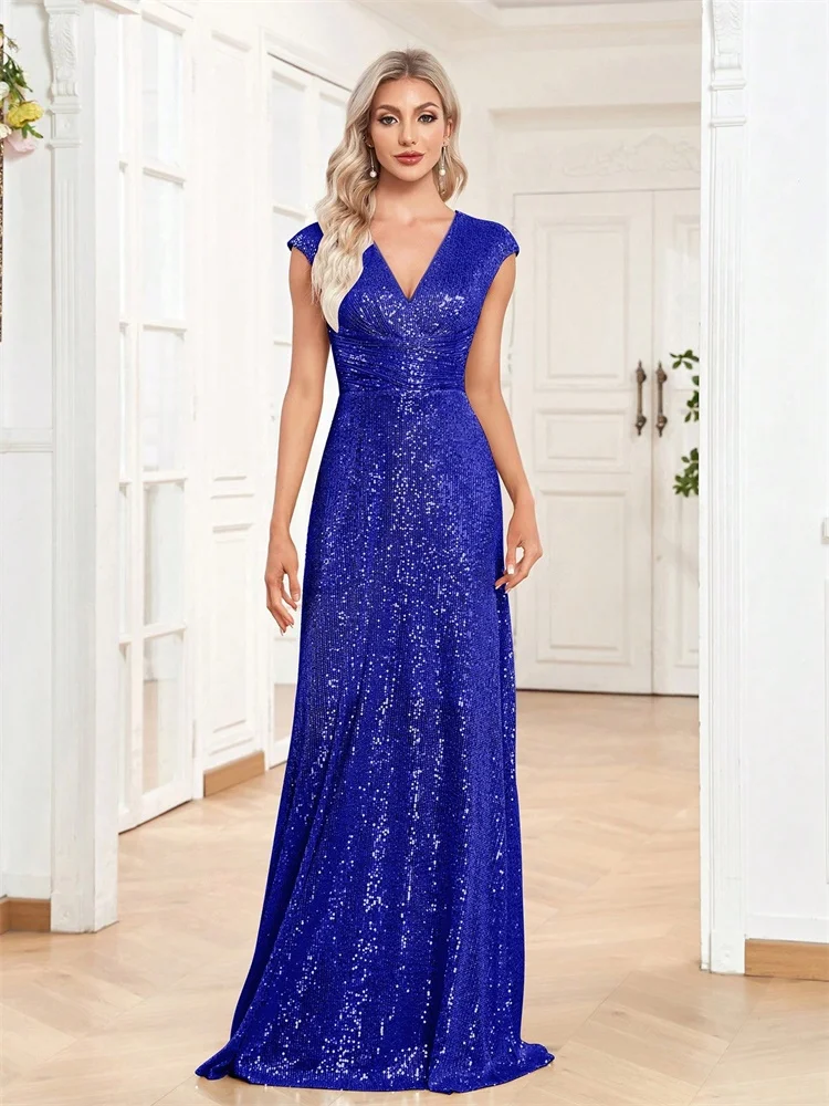 Sequin Evening Dress with Cap Sleeves, V-Neck and Gathered Waist