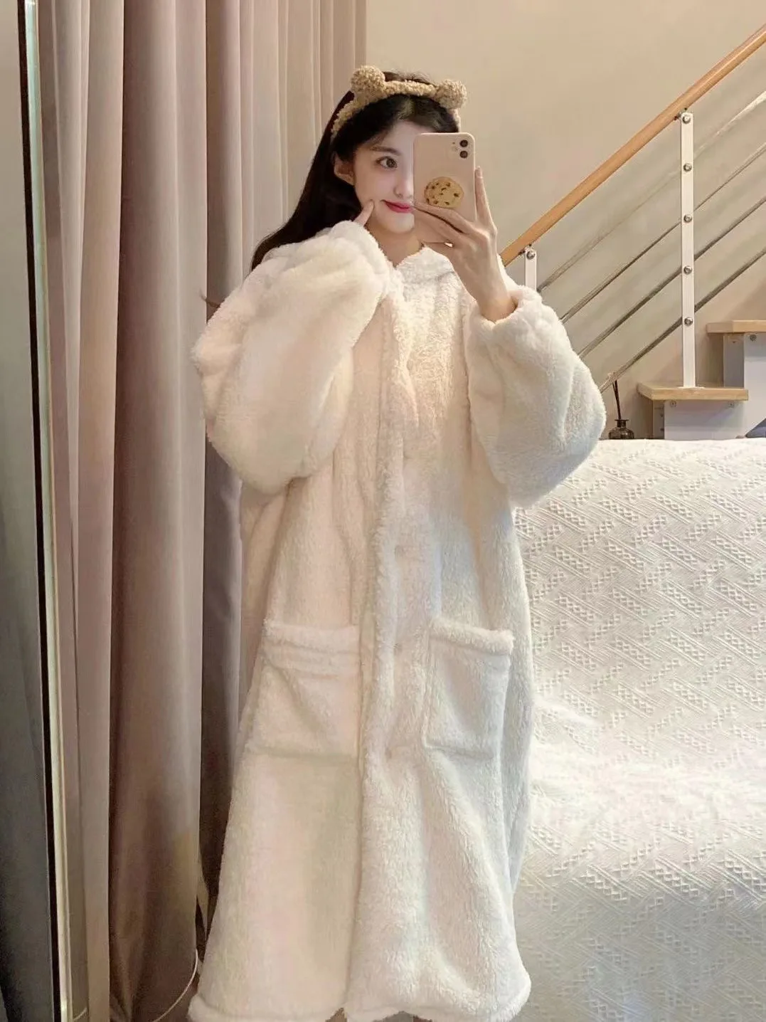 Warm Winter Long Sleeve House Robe with Bunny Ears