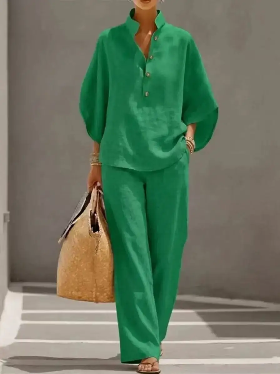 Linen-Feel Set with Wide Sleeves and Elastic-Waist Pants