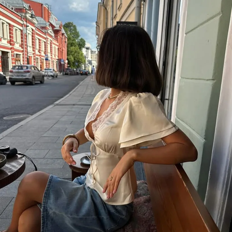 V-Neck Satin Top with Lace