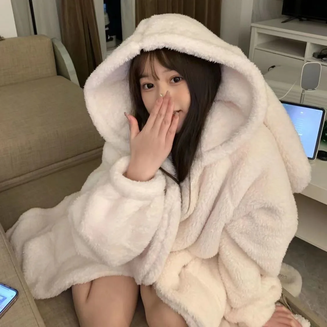 Warm Winter Long Sleeve House Robe with Bunny Ears
