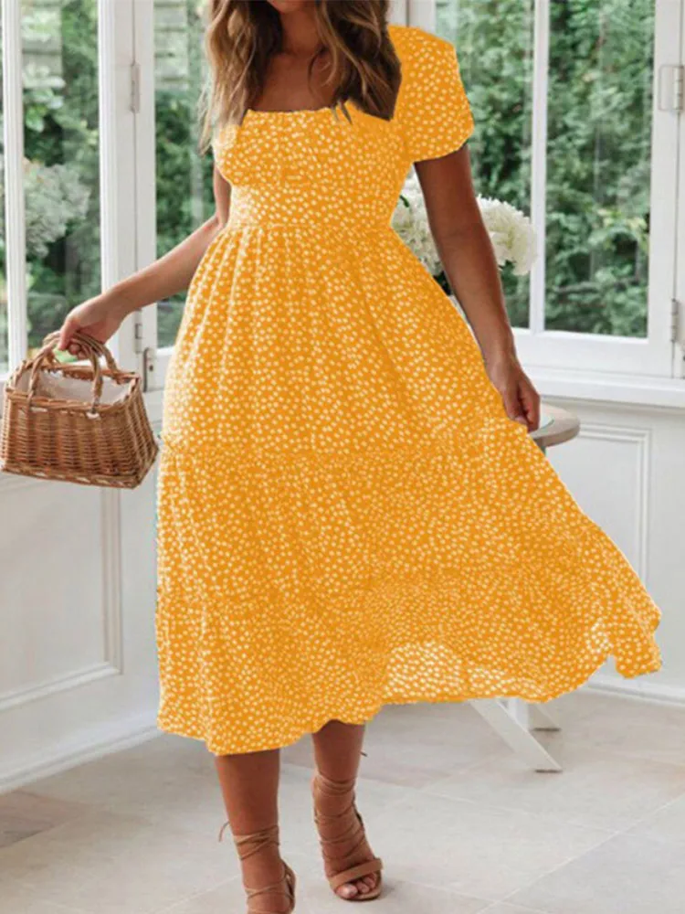 Summer Puff Sleeve Dress with Classic Print