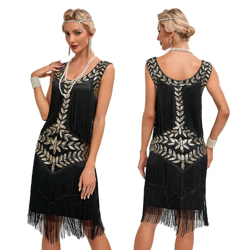 Beaded Sequin Evening Dress with Classic Round Neck