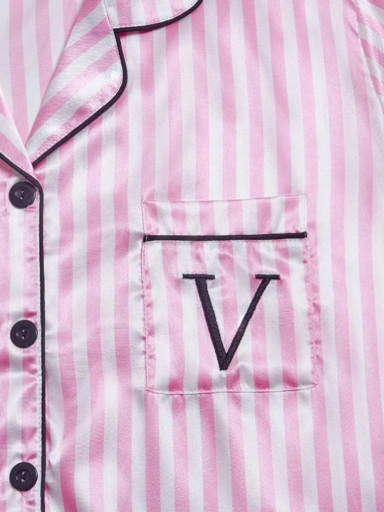 Striped Pajama Set with Embroidery and Pocket