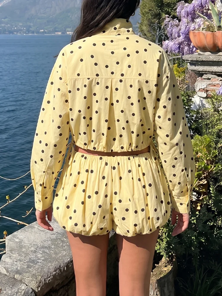 Polka Dot Set: Stand Collar Top and Pleated Shorts