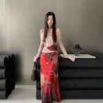 Red Mesh Skirt with Front Tie — Image 4