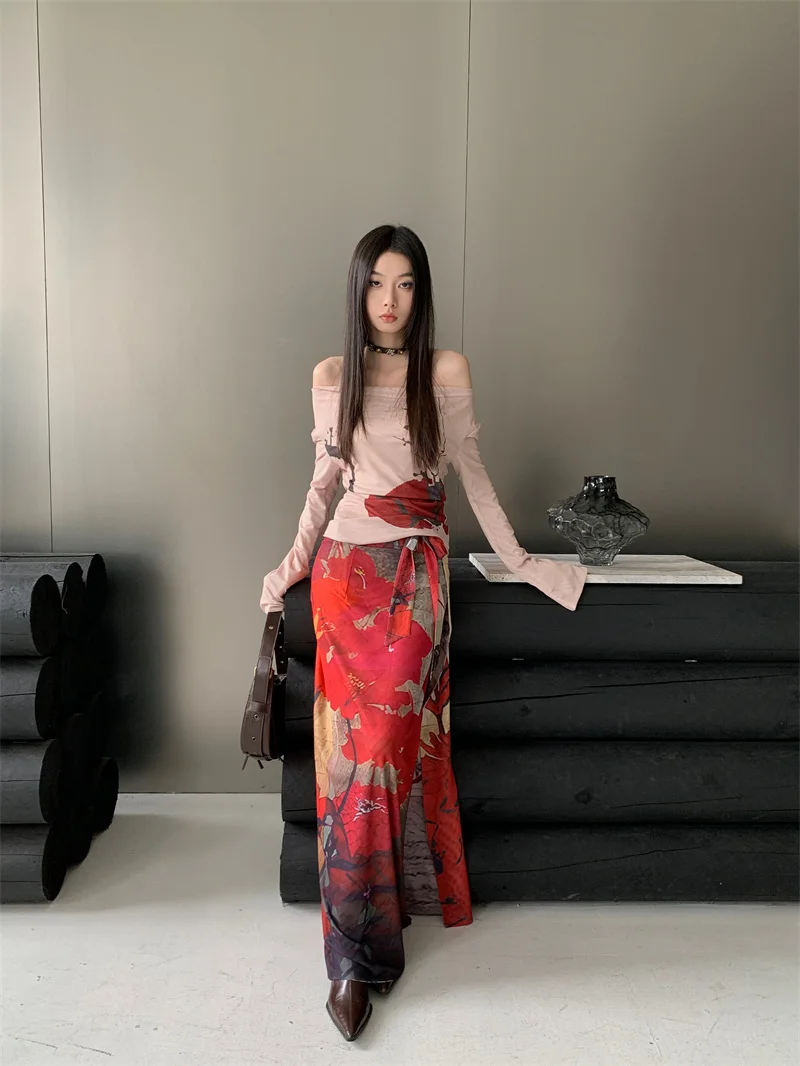Red Mesh Skirt with Front Tie