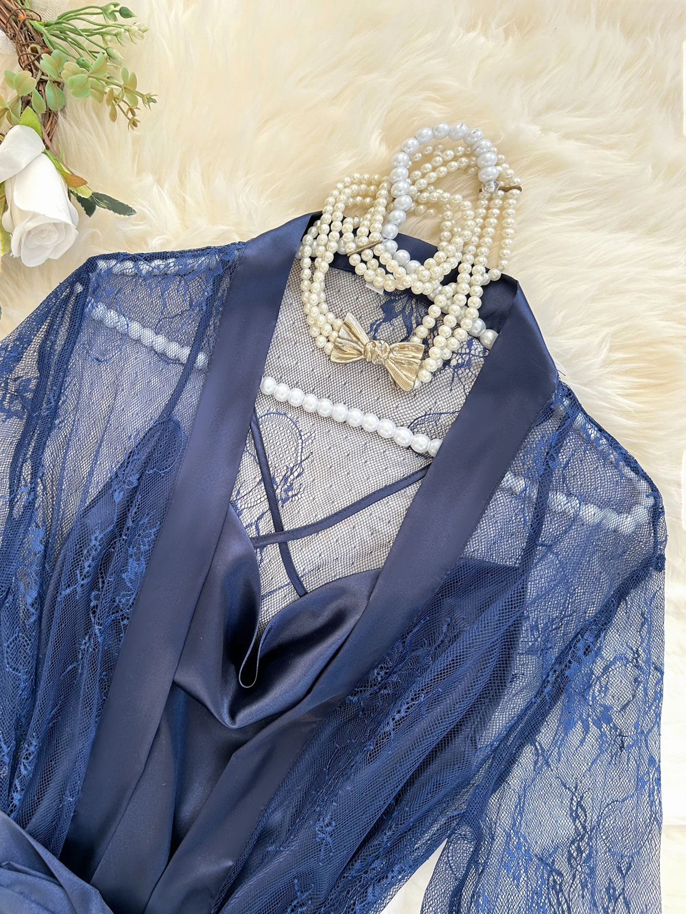 Sleep Set with Strappy Nightgown and Light Lace Robe