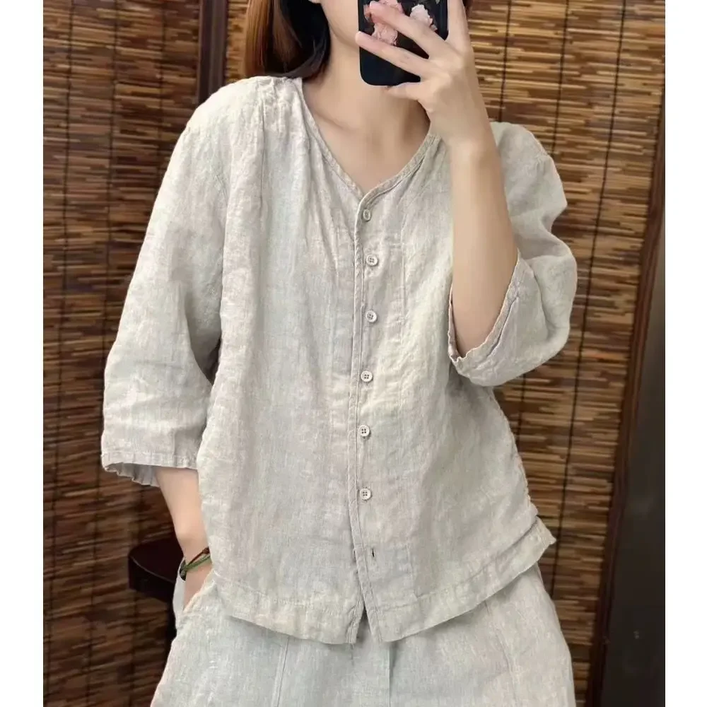 Casual Loose V-Neck Shirt with Buttons — Image 13