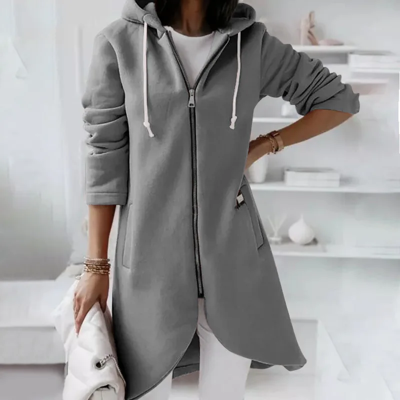 Solid Autumn Long Coat with Zipper