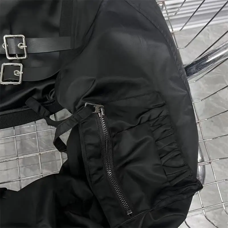 Black Leather-Feel Jacket with Front Buttons and Pockets