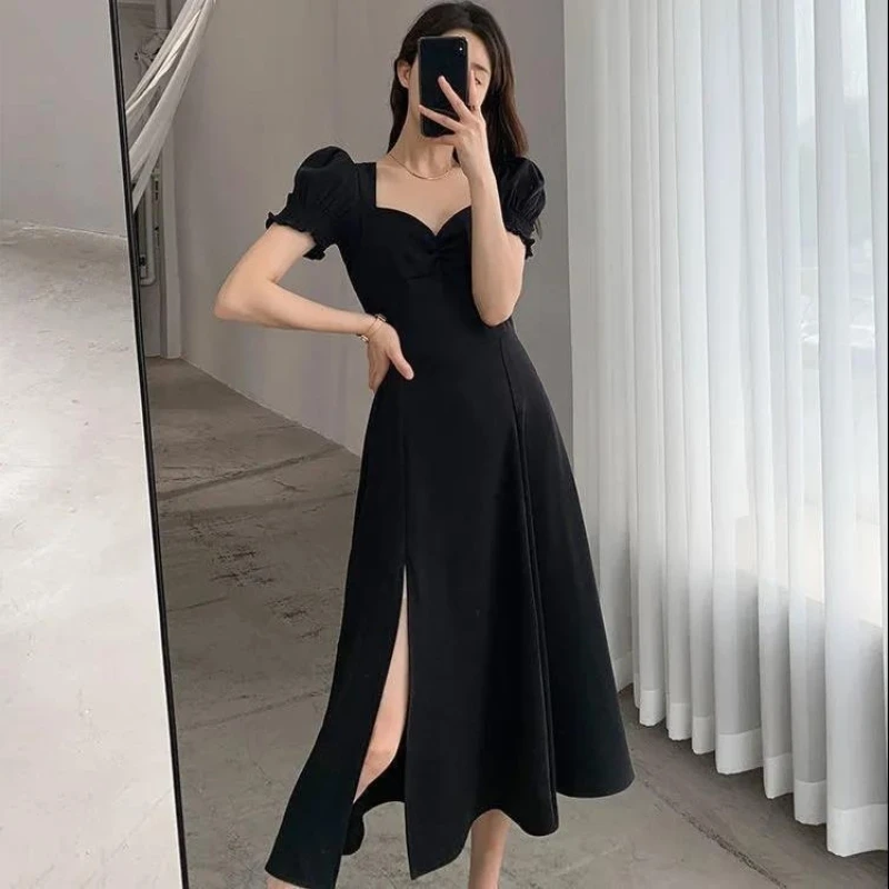 V-Neck Dress with Short Puff Sleeves