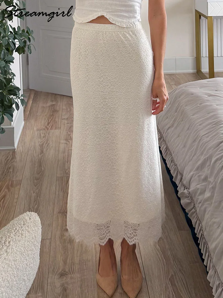 Fitted White Lace Maxi Skirt