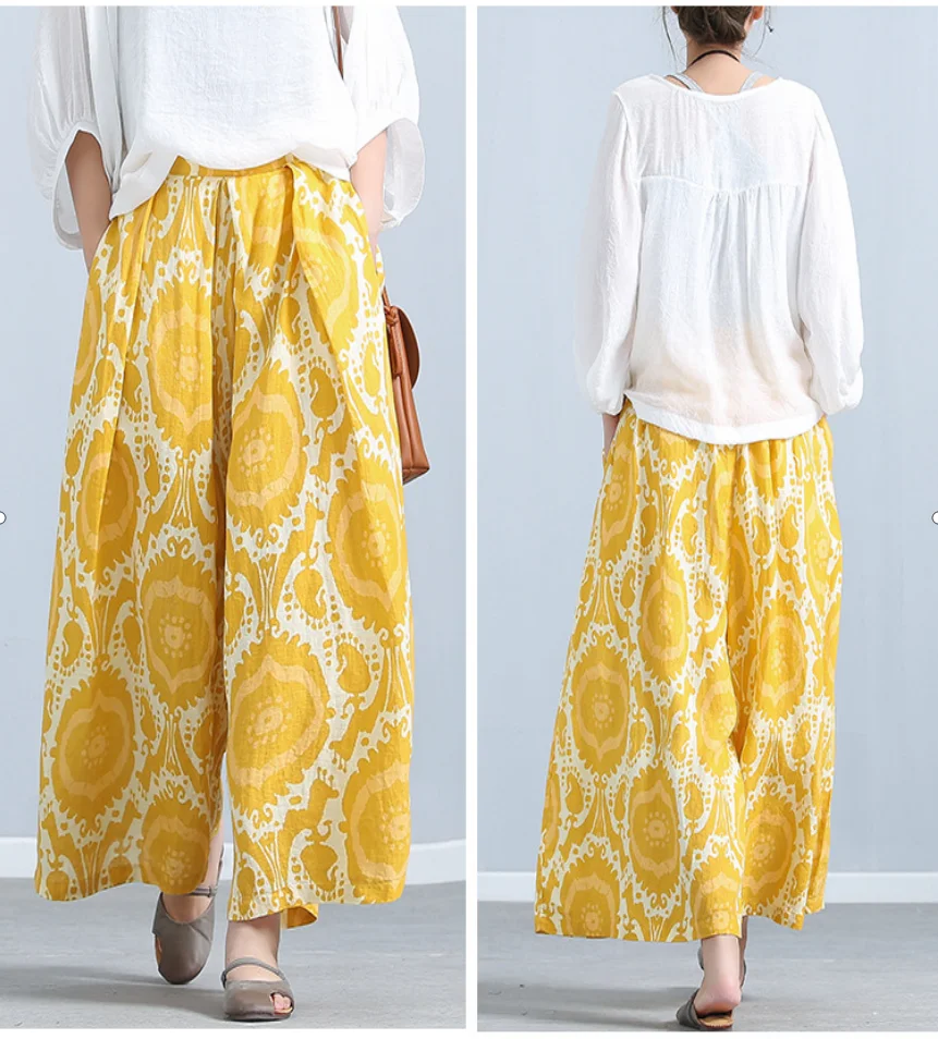 Ankle-Length Printed Wide-Leg Pants with Elastic Waist