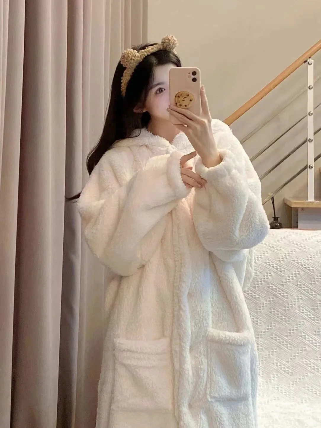 Warm Winter Long Sleeve House Robe with Bunny Ears