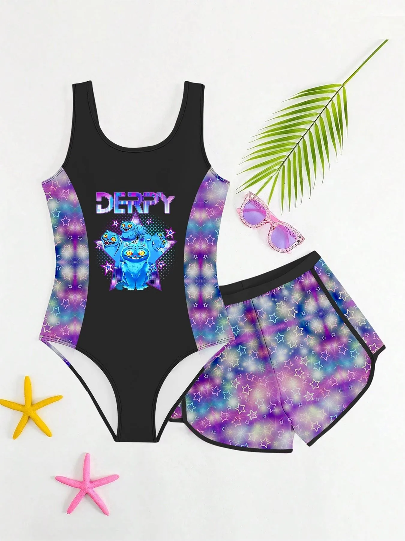 Girls' Cat and Star Print Swim Set