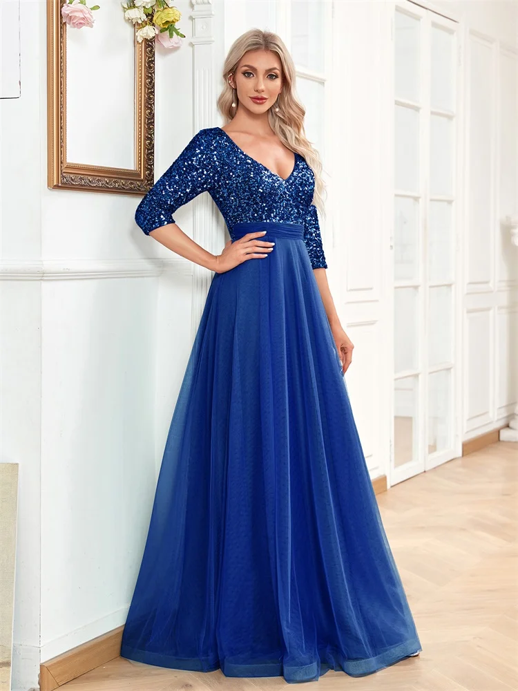 Three-Quarter Sleeve Evening Dress with Sequin Bodice and Tulle Skirt