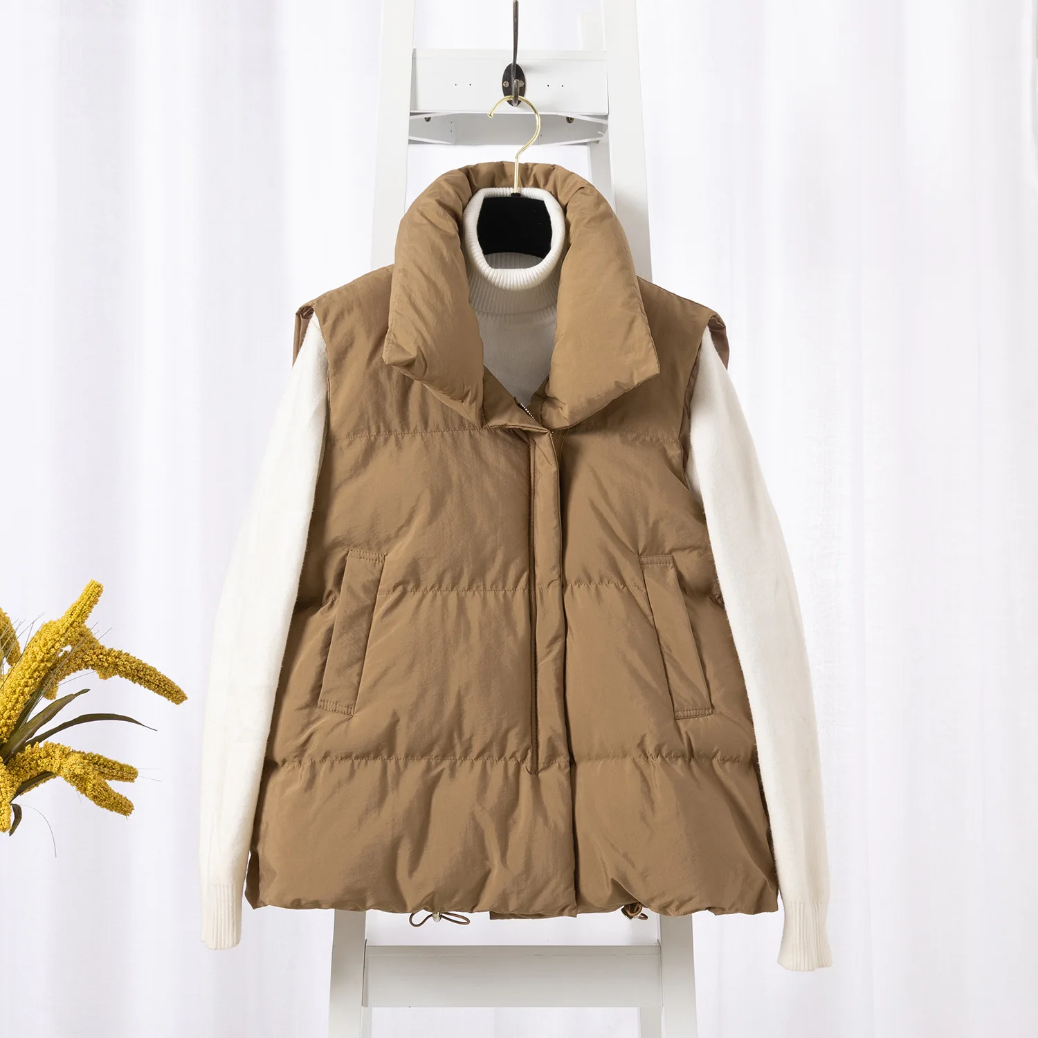 Padded Winter Zip-Up Vest with Pockets and Adjustable Waist