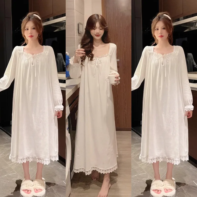Long Full-Sleeve Nightgown with Lace Trim