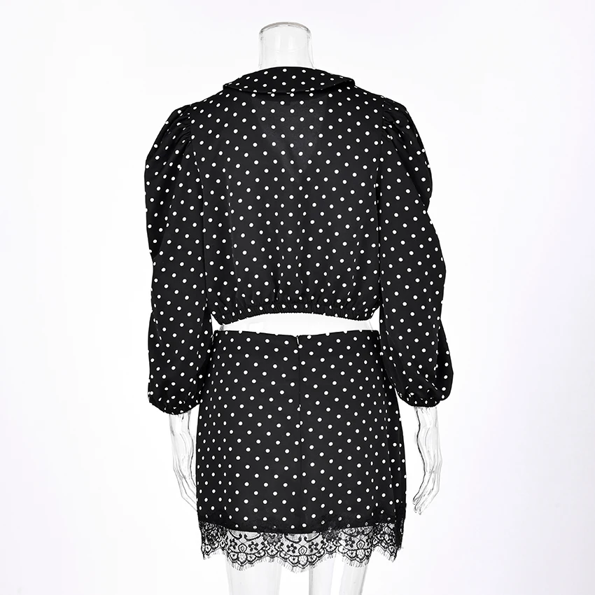 Polka Dot Chiffon Set with Lace Details and Short Skirt