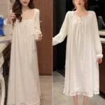 Long Full-Sleeve Nightgown with Lace Trim