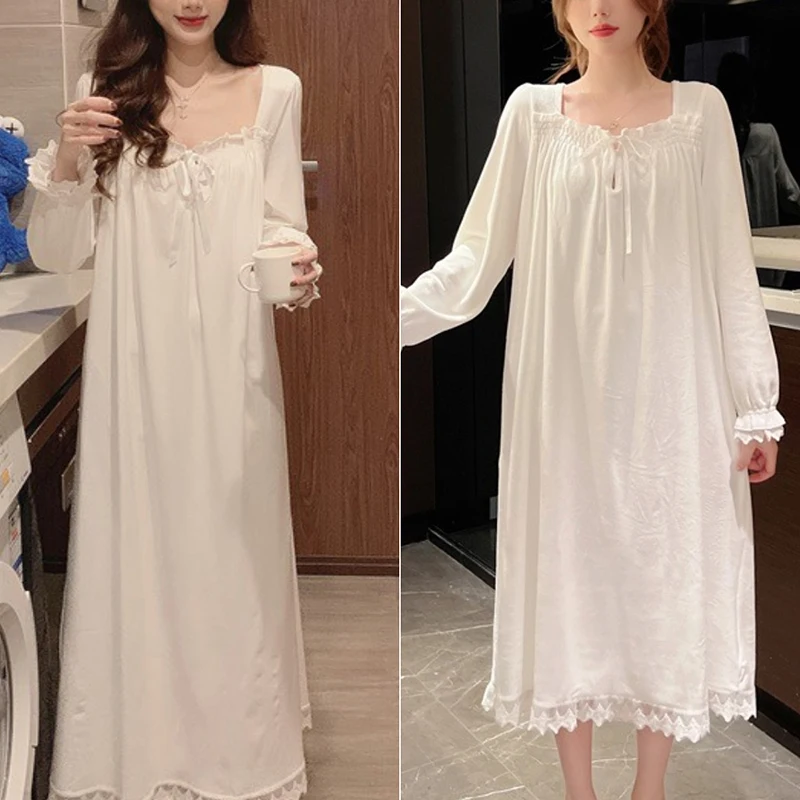 Long Full-Sleeve Nightgown with Lace Trim