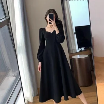 Elegant Solid Puff Sleeve Long Dress