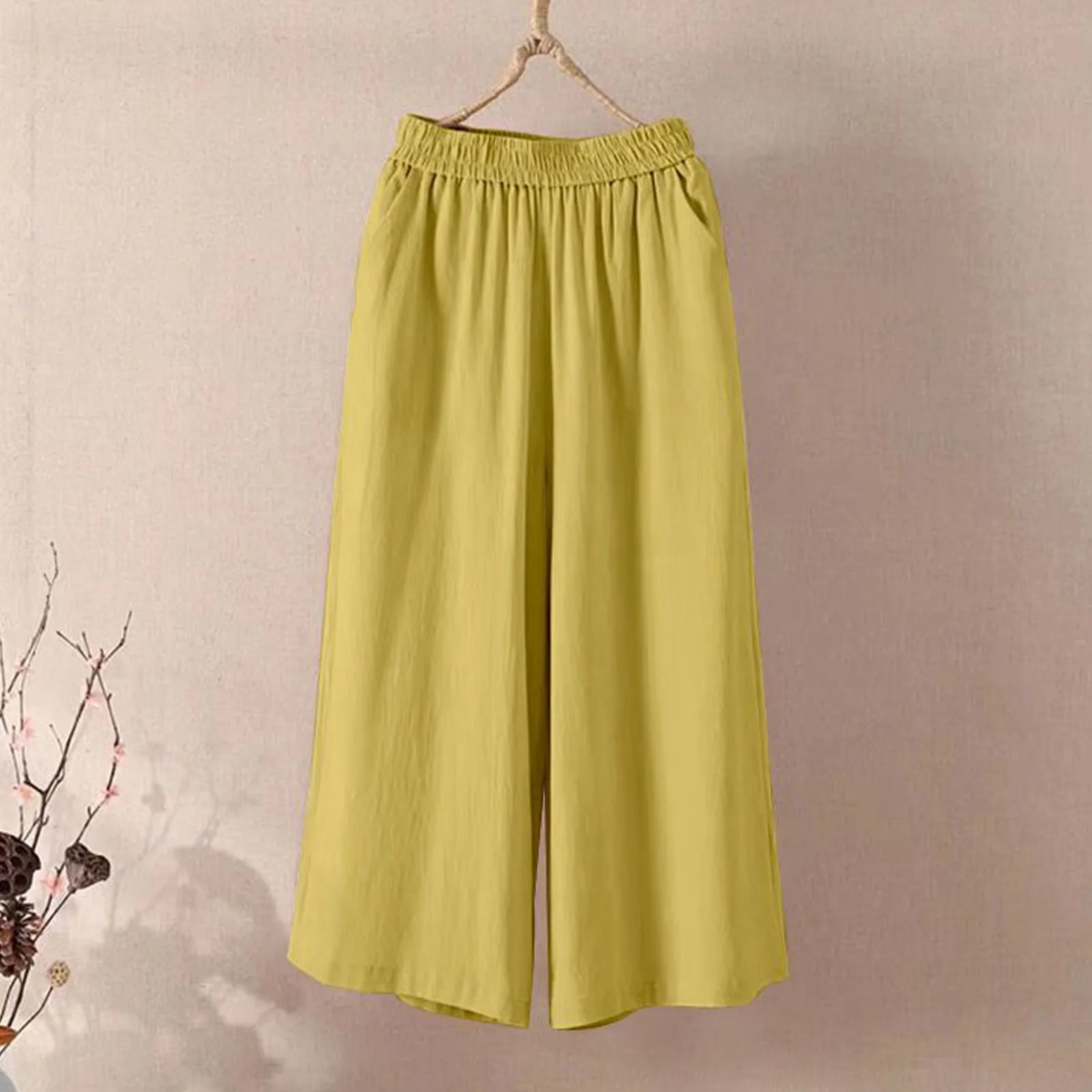 Ankle-Length Wide-Leg Pants with Elastic Waist and Side Pockets