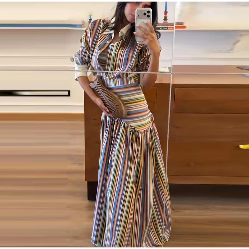 2-Piece Striped Set: Button-Up Shirt and Ankle-Length Skirt