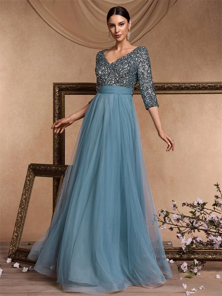 Three-Quarter Sleeve Evening Dress with Sequin Bodice and Tulle Skirt