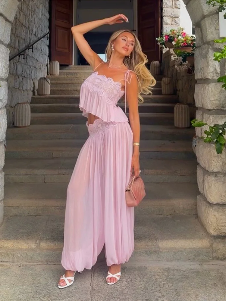Lace Set with Strappy Top and Wide-Leg Pants