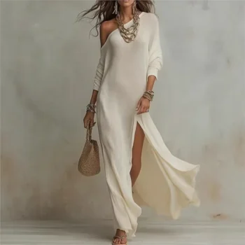 Elegant Solid One-Shoulder Pleated Maxi Dress
