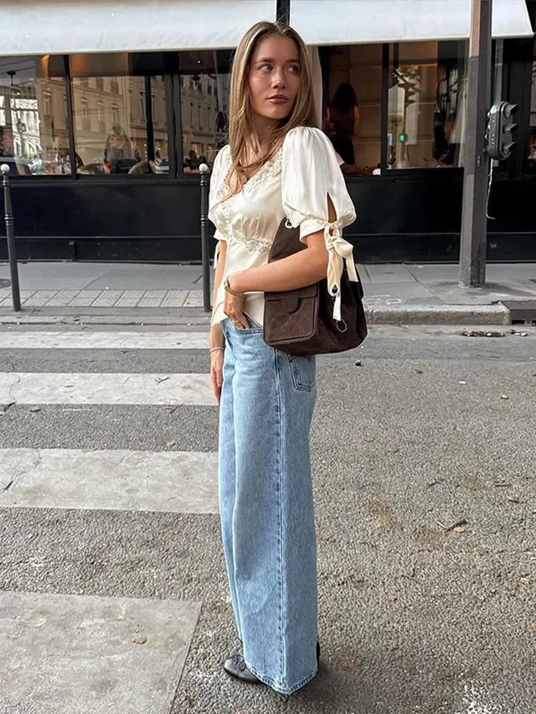 Short Sleeve T-Shirt with Lace Details and Waist Tie