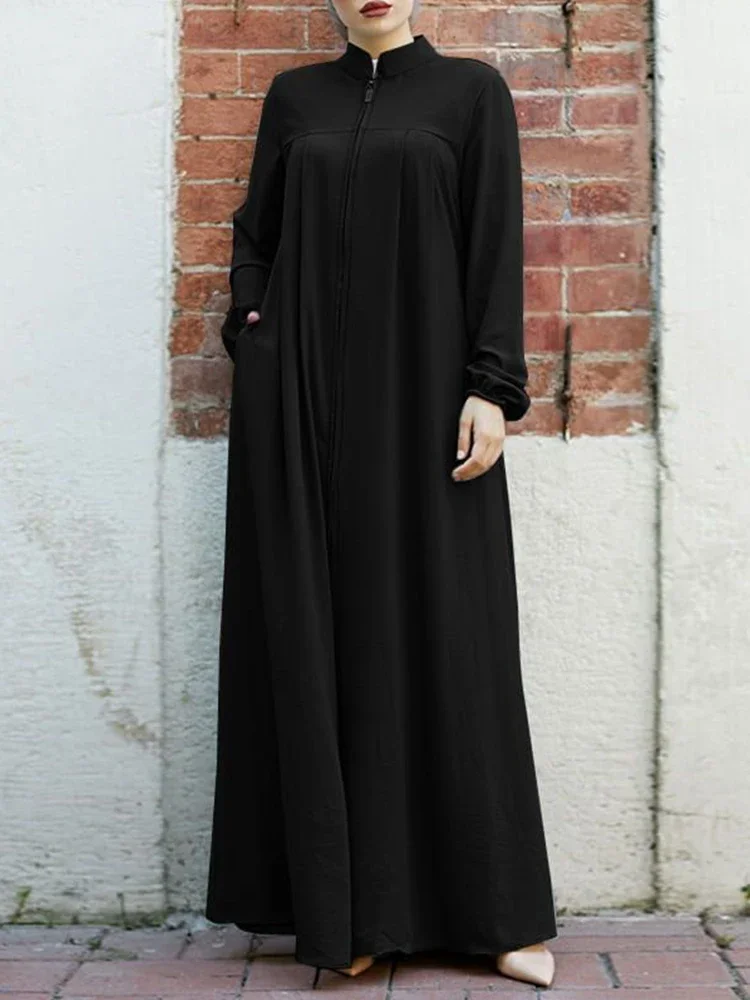 Black Abaya with Stand Collar and Zipper