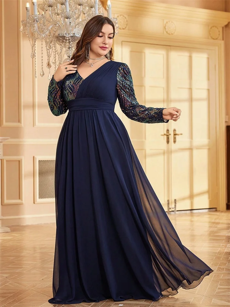 Long Sleeve V-Neck Loose Chiffon Evening Dress