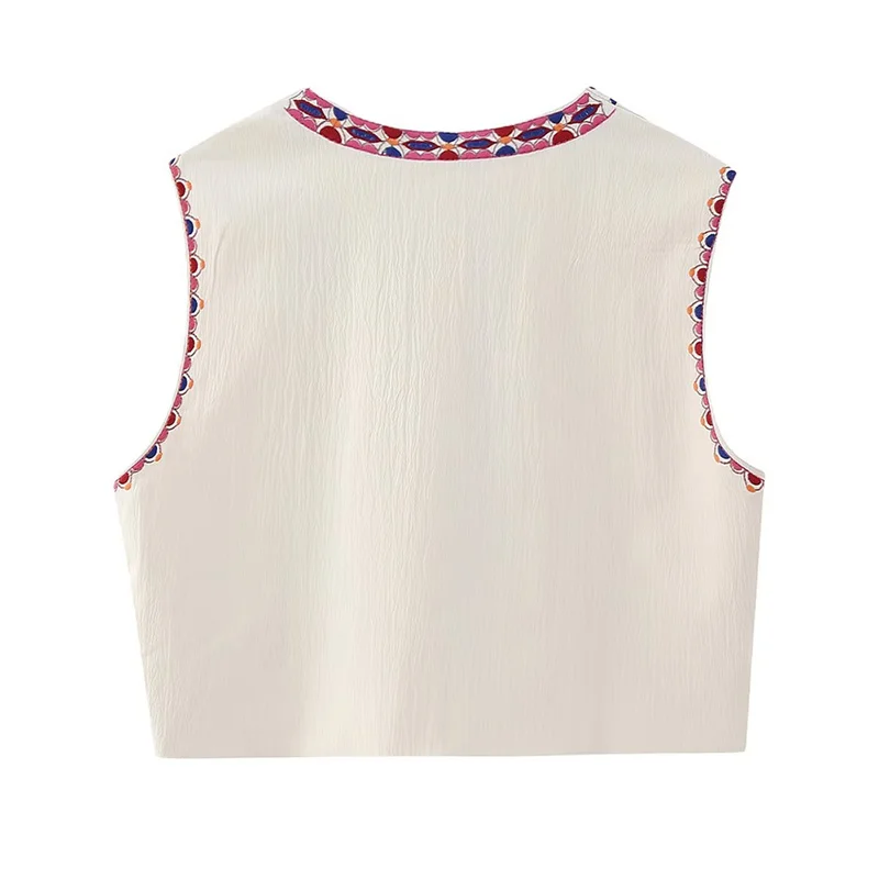 Cropped Open-Front V-Neck Vest with Floral Embroidery