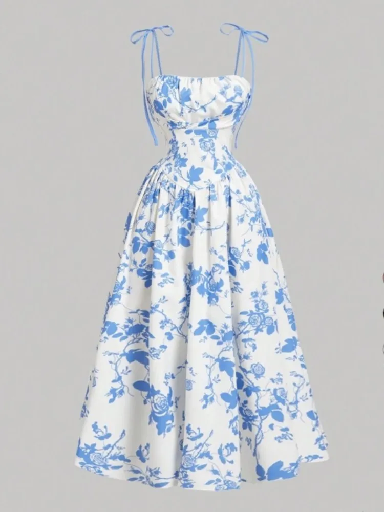 Floral Flared Midi Dress with Spaghetti Straps