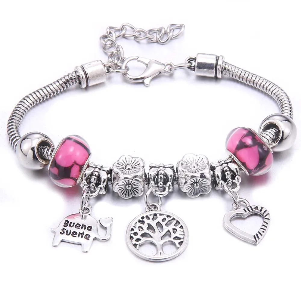 Pink Bracelet with Beads and Snake Chain