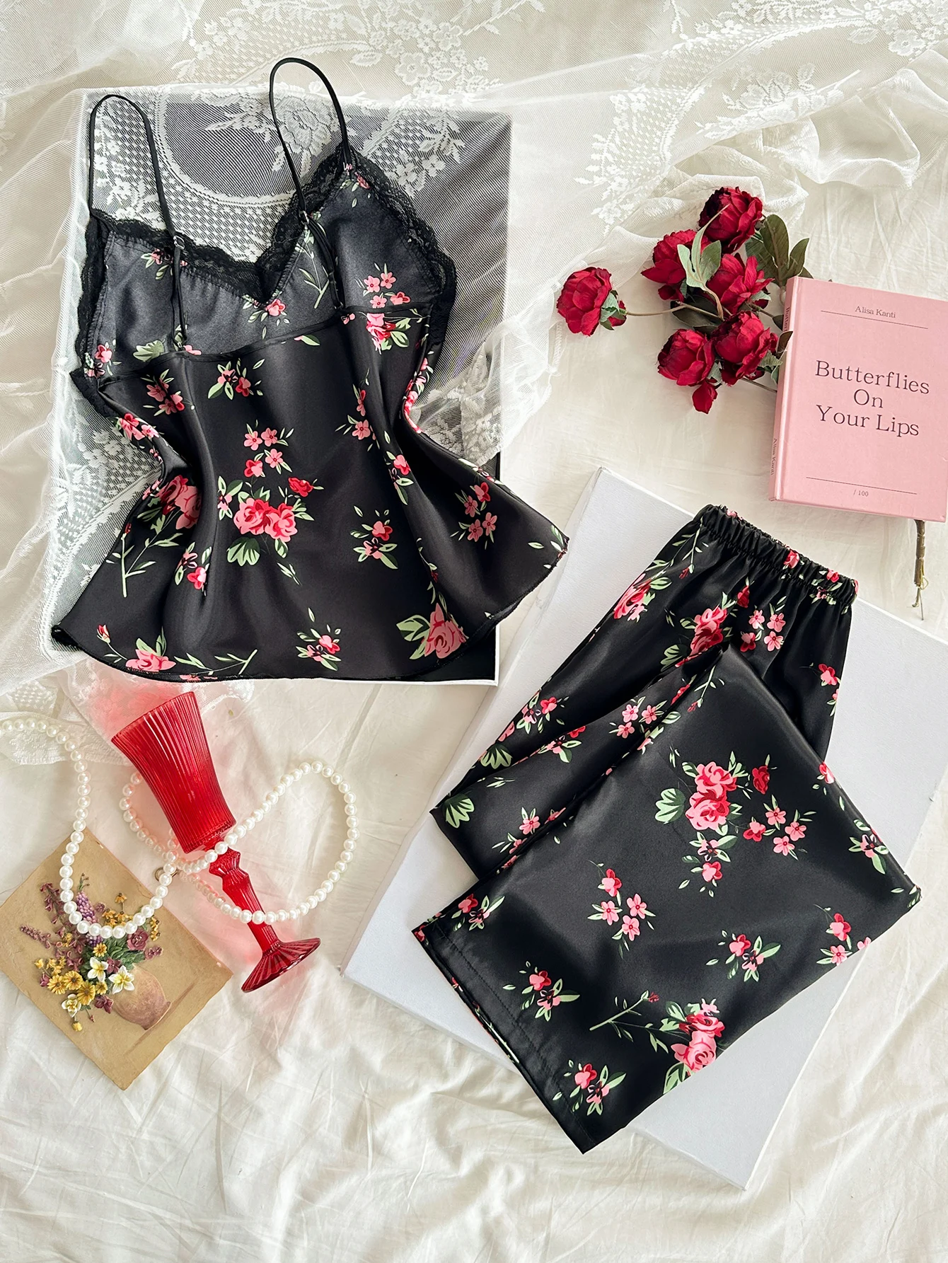 2-Piece Satin V-Neck Set with Lace Accents