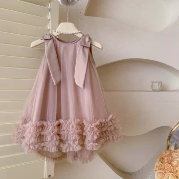 Girls' Korean-Style Mesh Sleeveless Occasion Dress with Bow