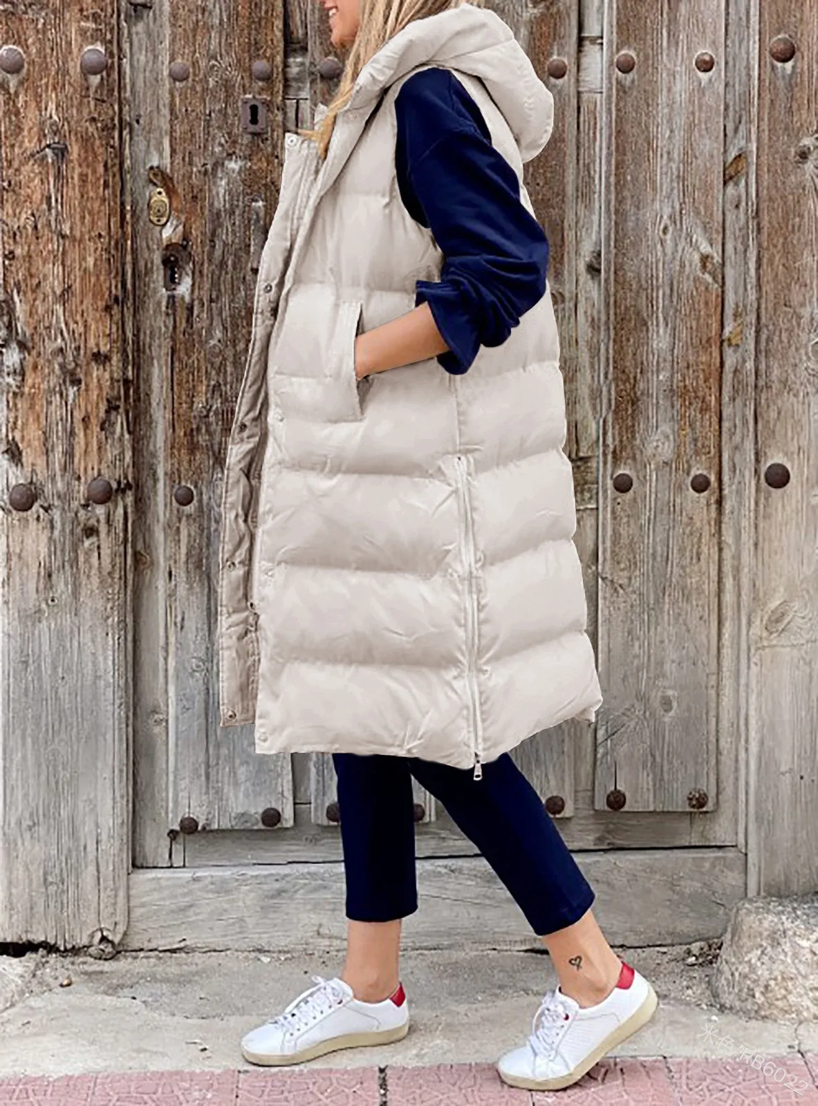Long Winter Hooded Zip-Up Vest with Side Pockets