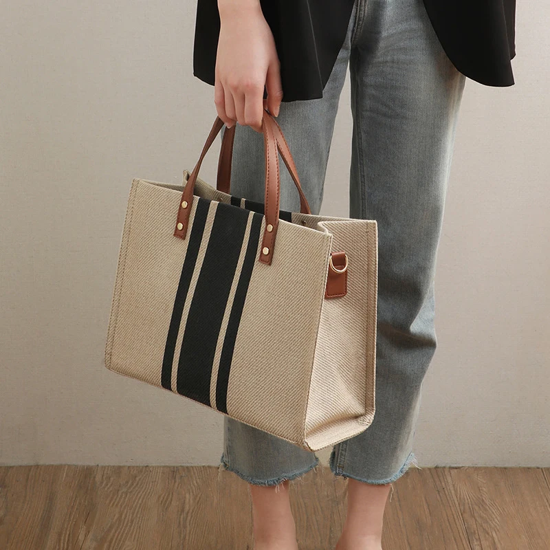 Large-Capacity Striped Canvas Tote Bag — Image 16