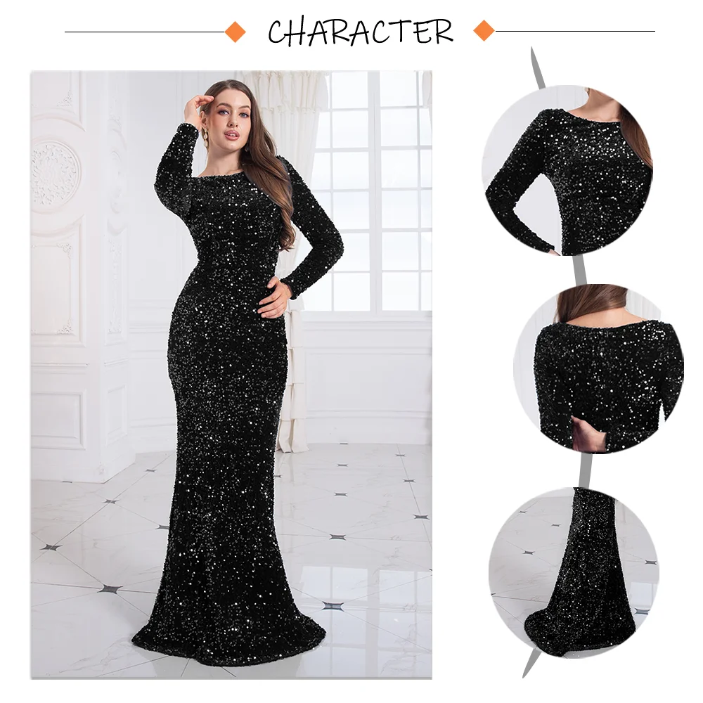 Long Sleeve Sequin Mermaid Evening Dress with Train