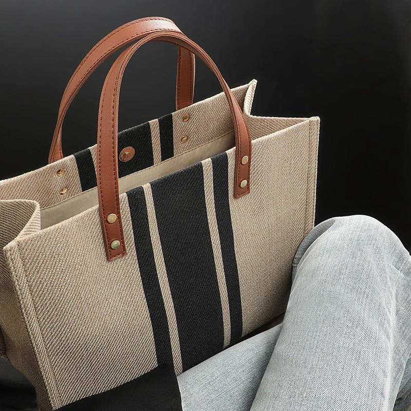 Large-Capacity Striped Canvas Tote Bag — Image 39